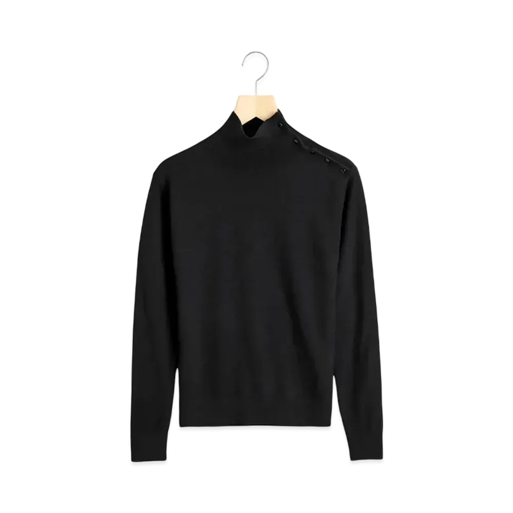 COMOLI Women's Shoulder Button High Neck Knit "Black"