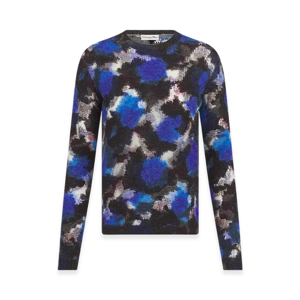 Dior Women's Sweater Technical Cashmere Mohair Wool Knit Roses Motif "Blue/Multicolor"