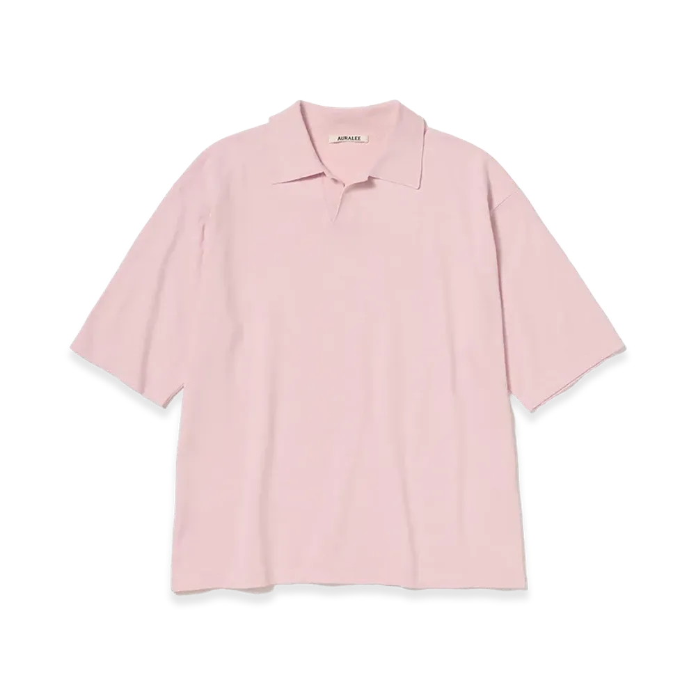 AURALEE High Gauge Tussah Silk Knit Skipper Polo "Light Pink"