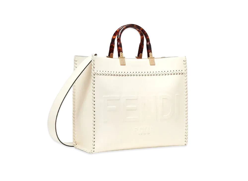 FENDI Sunshine Medium Leather Shopper Decor Stitch "White"