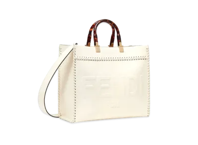 FENDI Sunshine Medium Leather Shopper Decor Stitch "White"