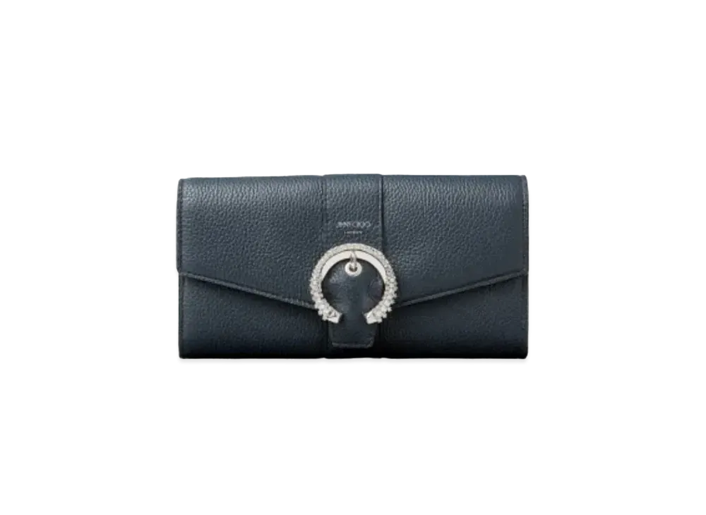 JIMMY CHOO MARTINA-C Soft Grainy Calf Leather Wallet With Crystal Buckle "Navy"