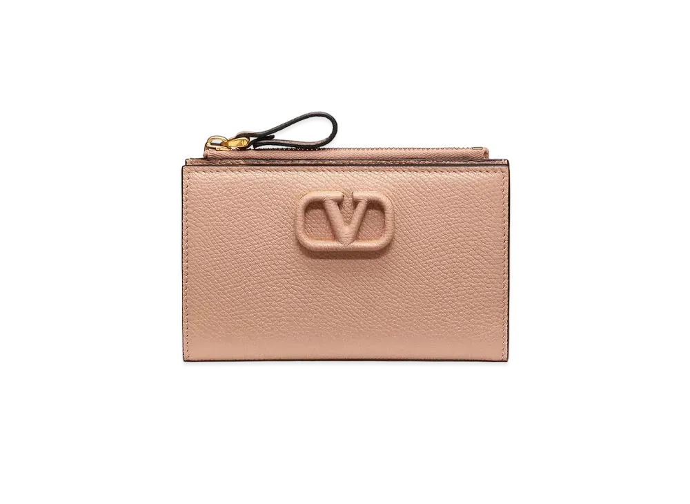 Valentino Vlogo Signature Grainy Calfskin Cardholder Wth Zipper "Baby Pink"
