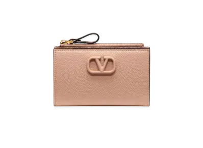 Valentino Vlogo Signature Grainy Calfskin Cardholder Wth Zipper "Baby Pink"
