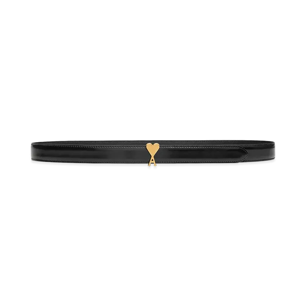 AMI PARIS Glazed Leather Ami De Coeur Buckle 25mm Belt "Black"