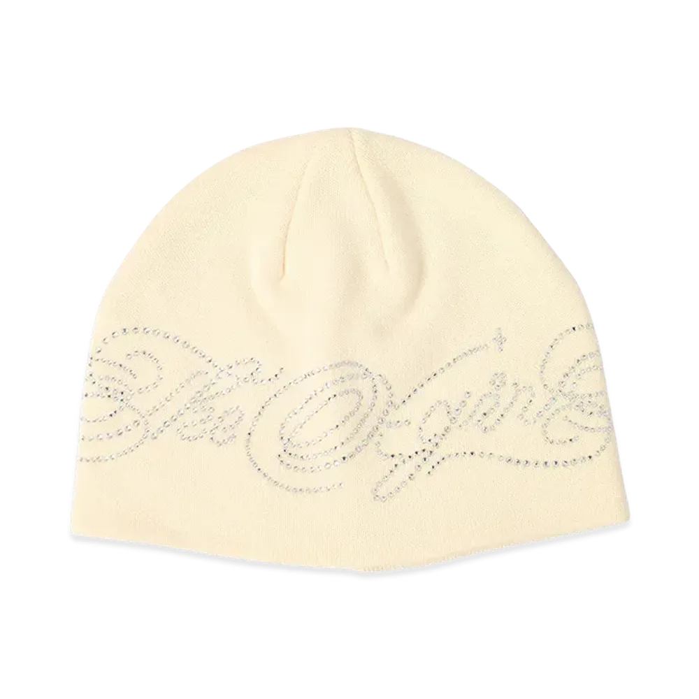 X-Girl Women's Rhinestone Decorative Script Logo Beanie "White"