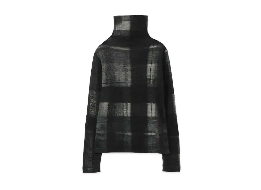 Yohji Yamamoto Y's HAND PAINT CHECK PRINT HIGH NECK LONG SLEEVE T "Gray"