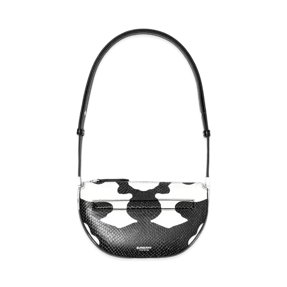 Burberry Mini Cow Print Leather Zip Olympia Bag "Black White"