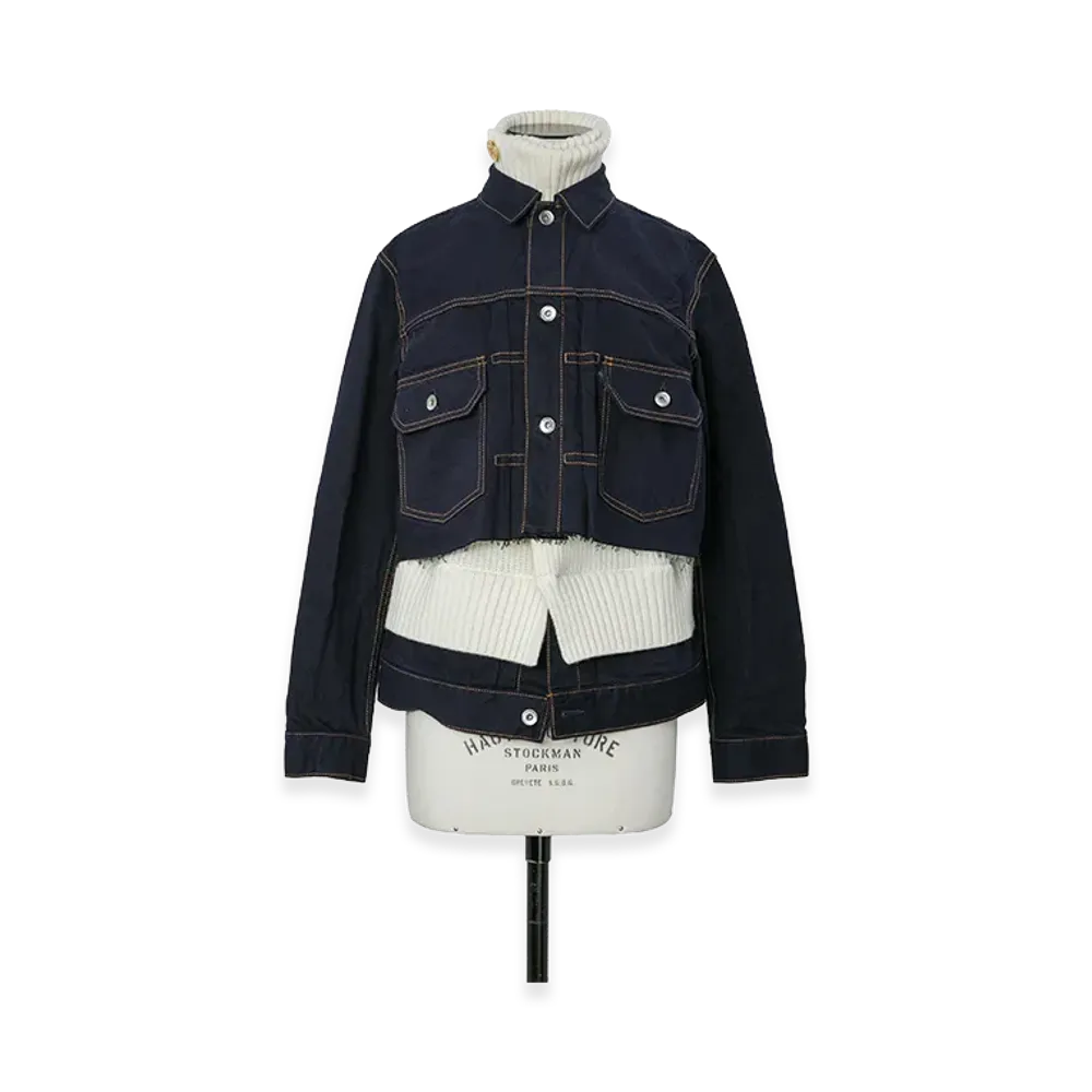 sacai Women's Denim x Wool Knit Jacket "Navy/Off White"