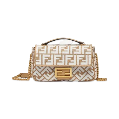 FENDI Baguette Chain Midi Raffia Bag Tapestry Fabric FF Motif "White"