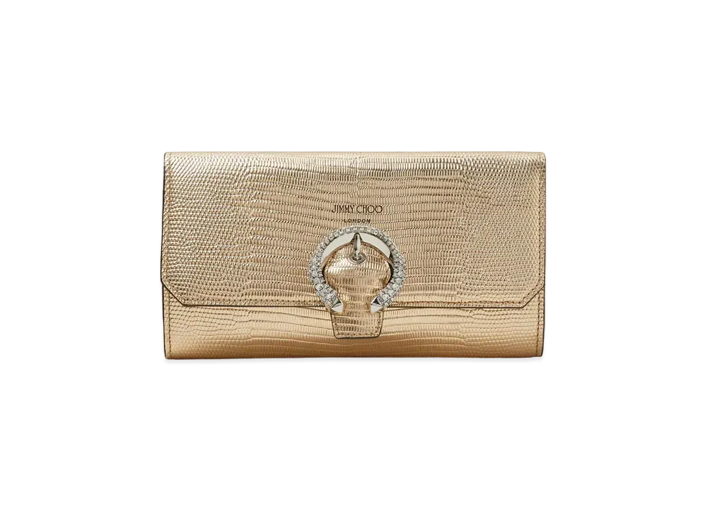 Jimmy Choo Wallet W/Chain Printed Metallic Lizard Wallet With Crystal Buckle "Gold"