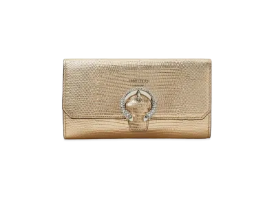 Jimmy Choo Wallet W/Chain Printed Metallic Lizard Wallet With Crystal Buckle "Gold"