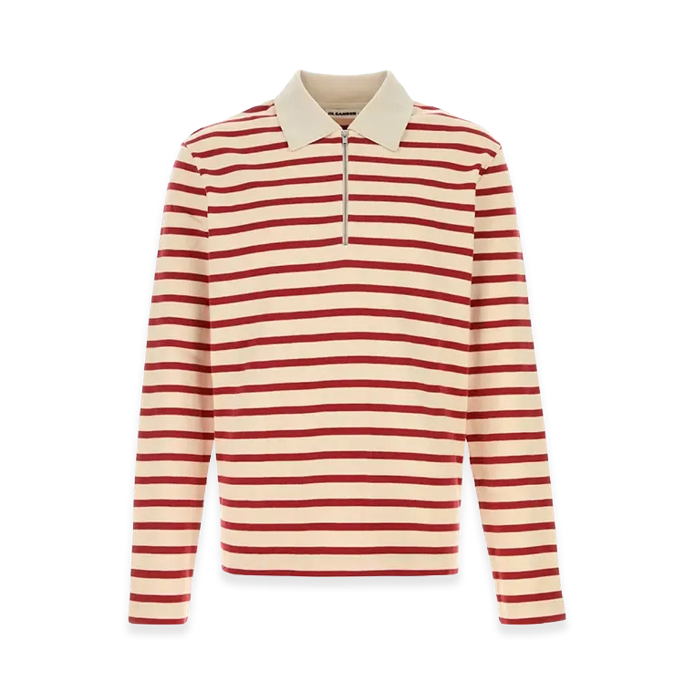 Jil Sander Embroidered Cotton Long Sleeve Polo Shirt "Red/Beige"