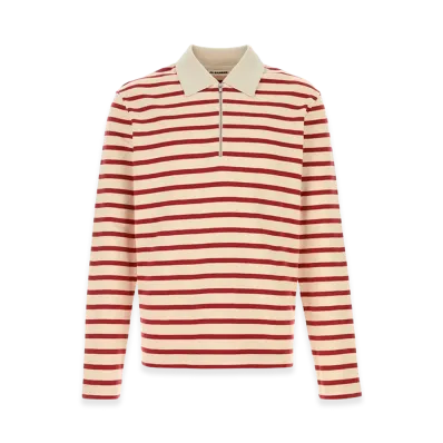 Jil Sander Embroidered Cotton Long Sleeve Polo Shirt "Red/Beige"