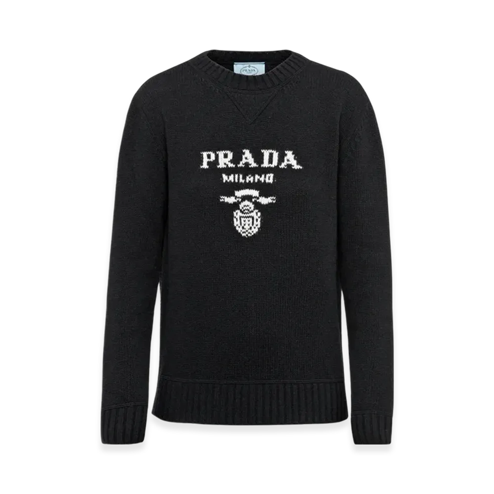PRADA Women's Wool Cashmere Logo Crewneck Sweater "Black"