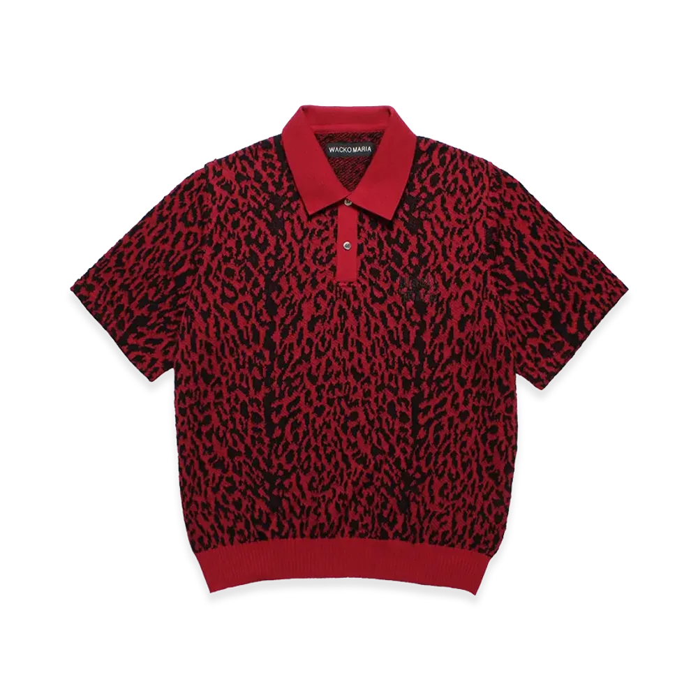 WACKO MARIA Leopard Jacquard Knit Polo Shirt "Red"