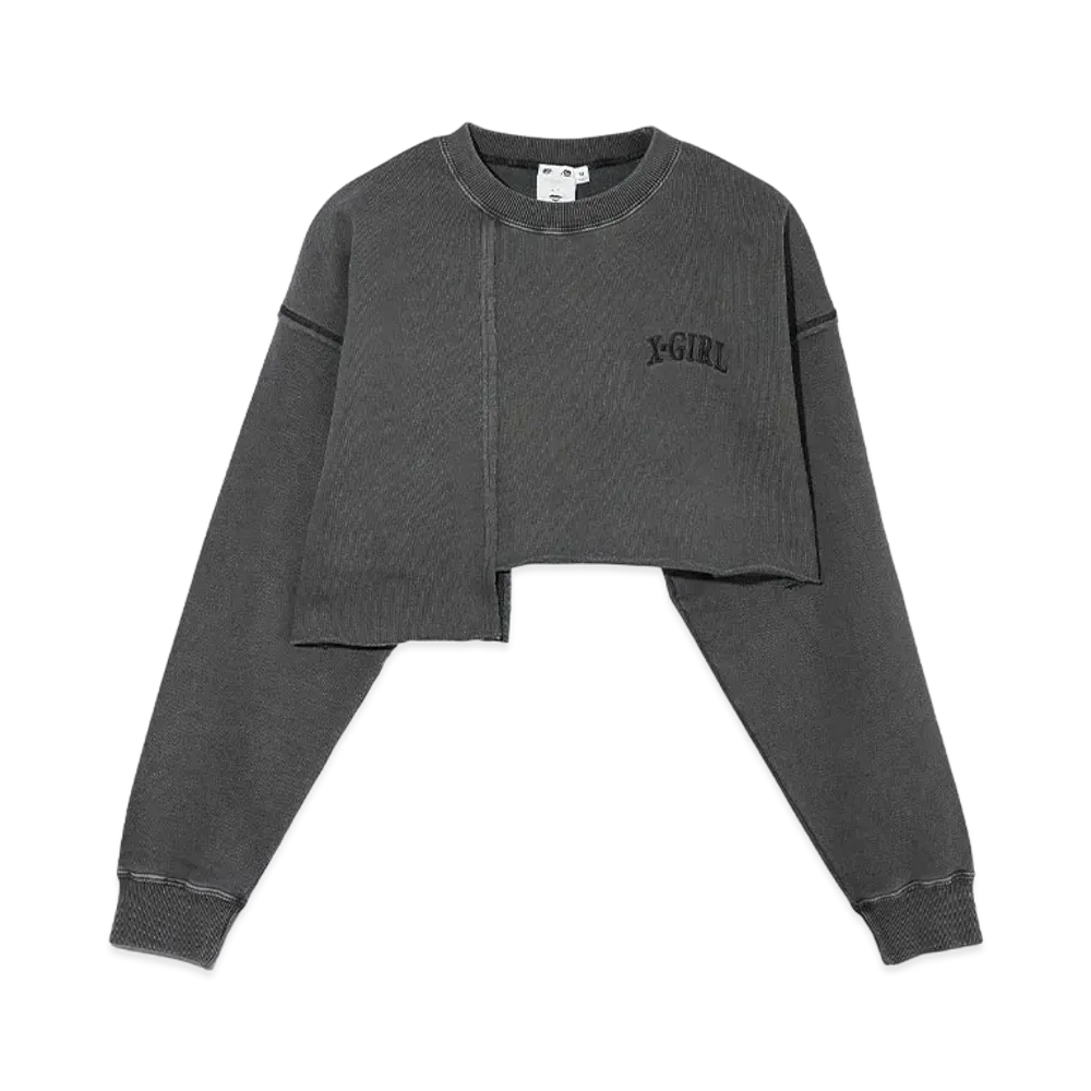 X-Girl Distressed Collar Cropped Crew Sweat Top "Black"