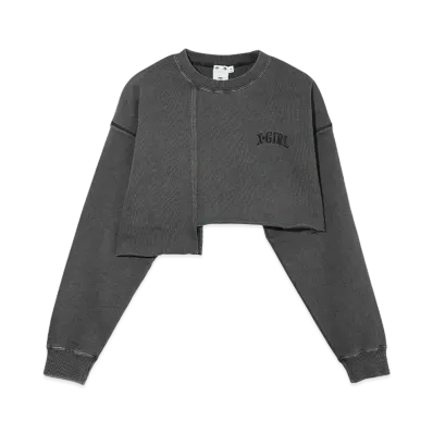 X-Girl Distressed Collar Cropped Crew Sweat Top "Black"