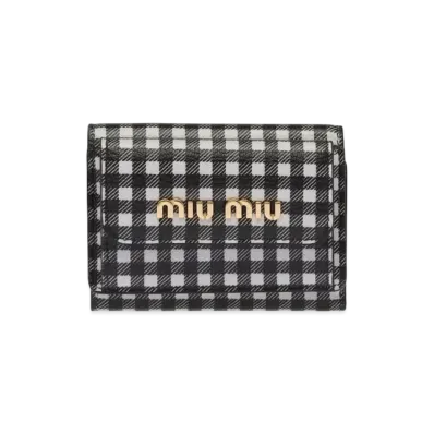 MIU MIU Small Printed Madras Leather Wallet "Black/White"