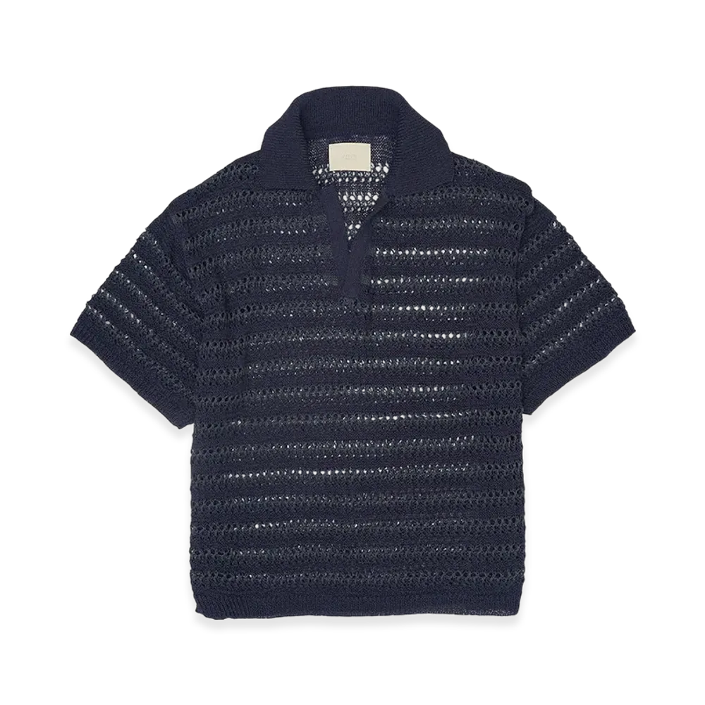 YOKE Border Mesh Knit Skipper Polo Shirt "Navy"