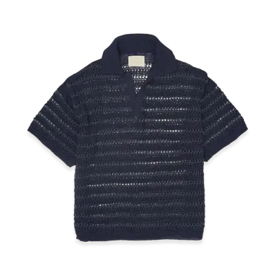 YOKE Border Mesh Knit Skipper Polo Shirt "Navy"