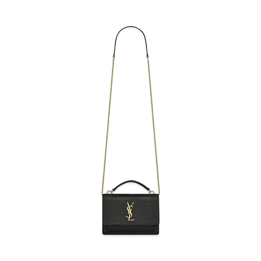 Saint Laurent Sunset Chain Wallet In Crocodile-Embossed Shiny Leather "Black"
