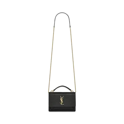 Saint Laurent Sunset Chain Wallet In Crocodile-Embossed Shiny Leather "Black"