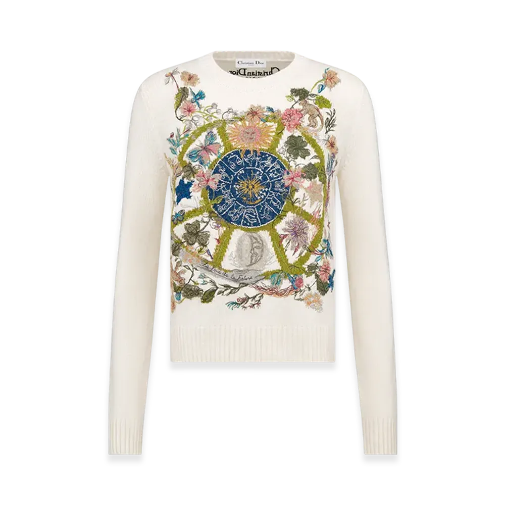 Dior Women's Embroidered Sweater Cashmere Knit Tarot La Roue La Fortune Motif "White/Multicolor"