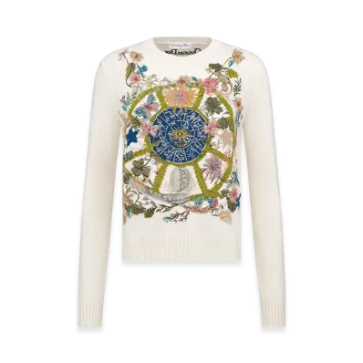 Dior Women's Embroidered Sweater Cashmere Knit Tarot La Roue La Fortune Motif "White/Multicolor"