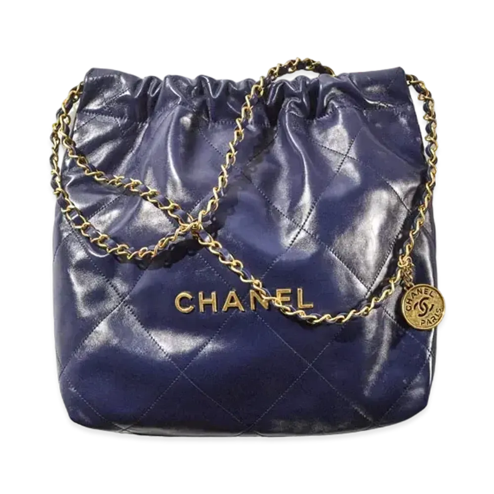 CHANEL 22 Small Hand Bag Shiny Calfskin "Navy Blue"