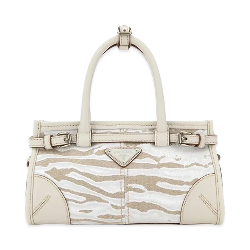 PRADA Wonen's Printed Canvas Small Bonnie Handbag "White"