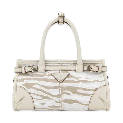 PRADA Wonen's Printed Canvas Small Bonnie Handbag "White"