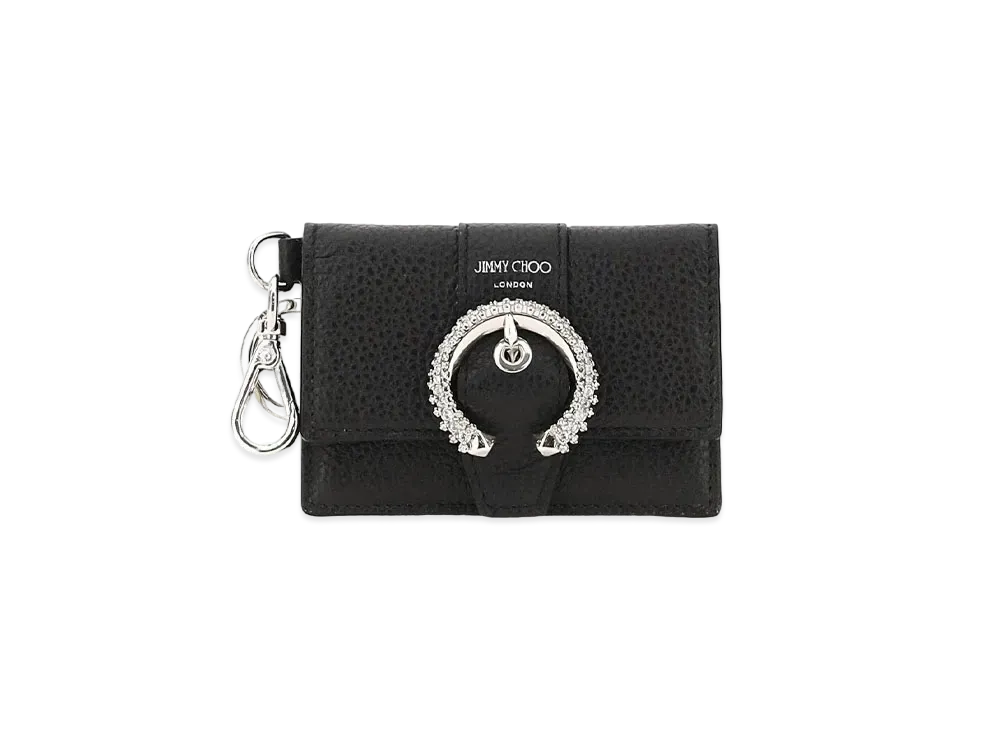 JIMMY CHOO FLAP CARDHOLDER Soft Grainy Curf Leather Card Case With Crystal Buckle "Black"