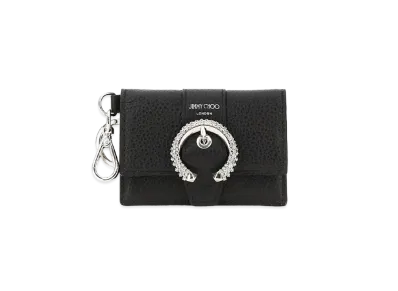 JIMMY CHOO FLAP CARDHOLDER Soft Grainy Curf Leather Card Case With Crystal Buckle "Black"