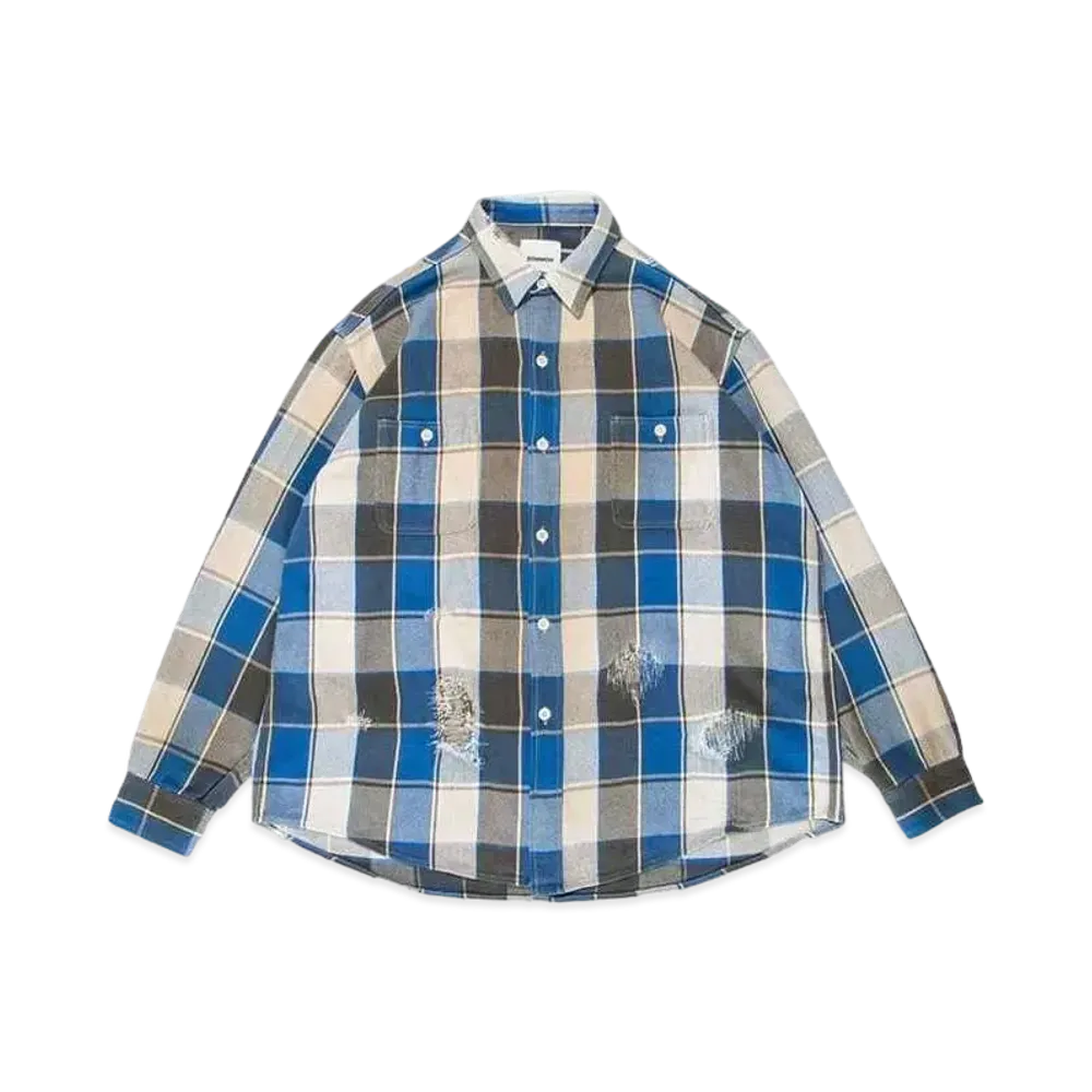 BOW WOW REPAIR AGEING FLANNEL SHIRTS "BLUE DAMAGE AGEING"