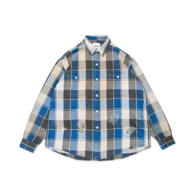 BOW WOW REPAIR AGEING FLANNEL SHIRTS "BLUE DAMAGE AGEING"