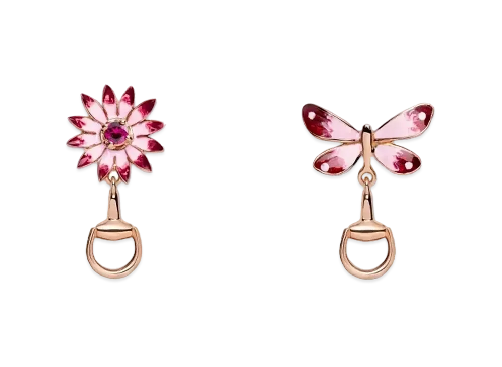 GUCCI Floral Earrings Rose Gold Enamel Ruby