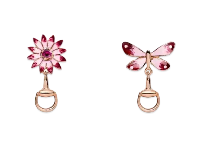 GUCCI Floral Earrings Rose Gold Enamel Ruby