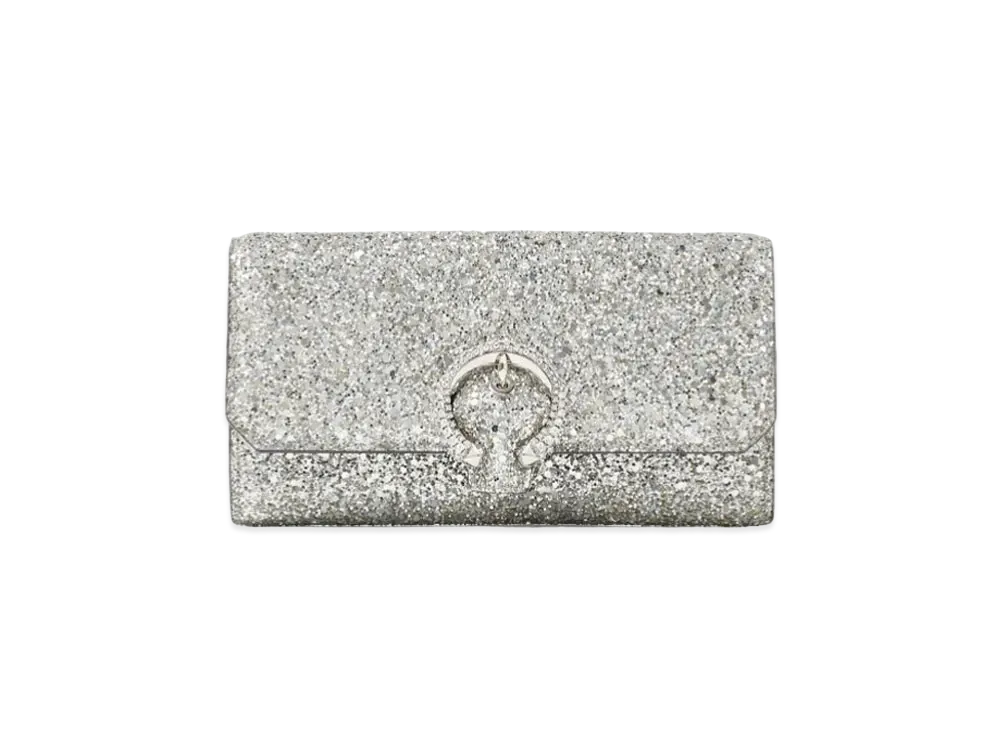 Jimmy Choo Wallet W/Chain Course Glitter Fabric Wallet With Crystal Buckle "Platinum"
