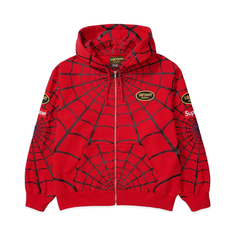 Supreme x Vanson Leathers Spider-Man Zip Up Hooded Sweatshirt "Red"