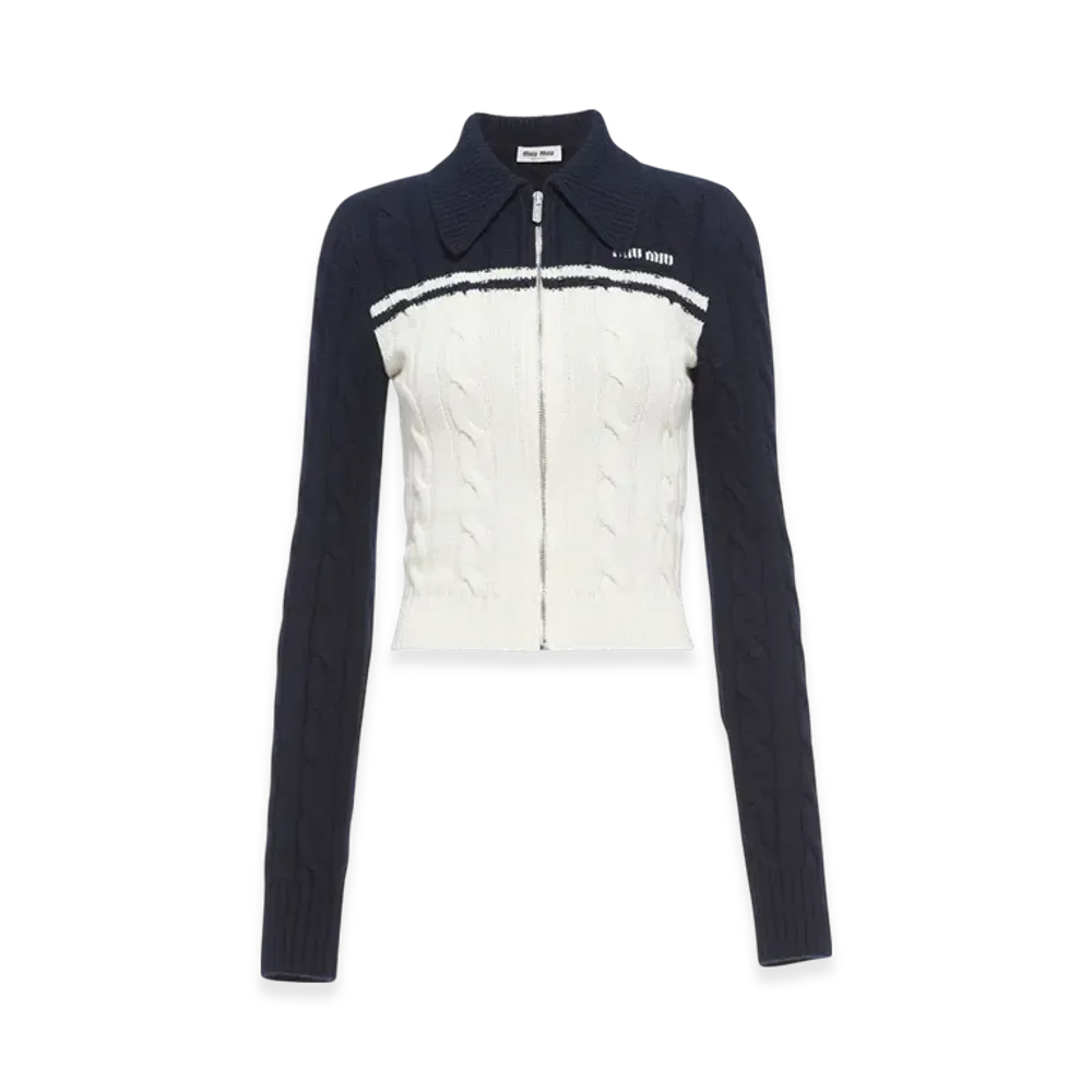 MIU MIU Women's Wool Cashmere Zipper Cardigan "White/Blue"