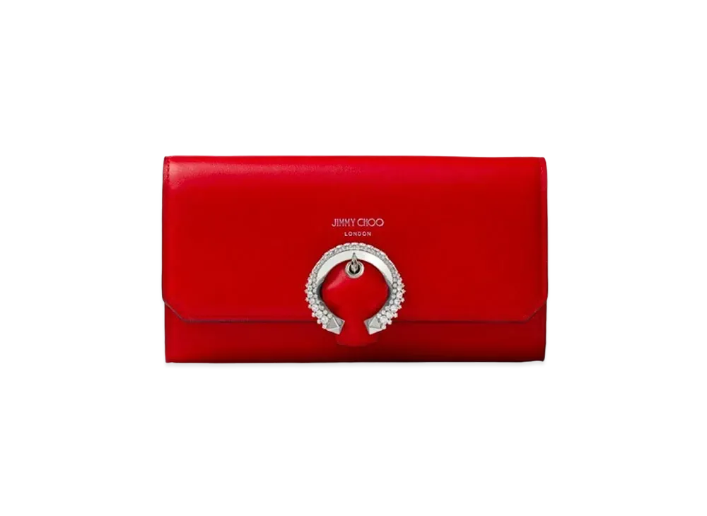 Jimmy Choo Wallet W/Chain Smooth Calf Wallet With Crystal Buckle "Royal Red"