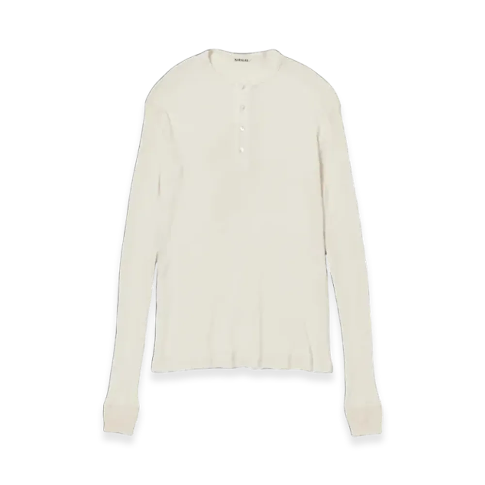 AURALEE Organic Soft Rib Henley Neck L/S T-Shirt "Ivory"