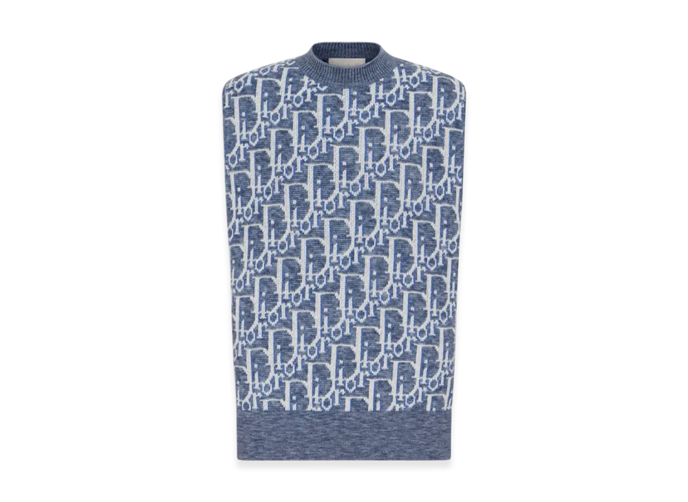 Dior Wool Jacquard Oblique Sleeveless Sweater "Blue/White"