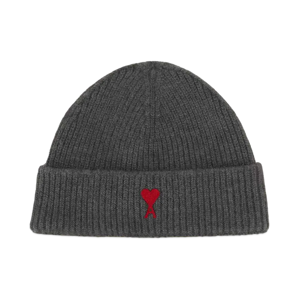 AMI PARIS Ami de Coeur Beanie "Heather Gray/Red"
