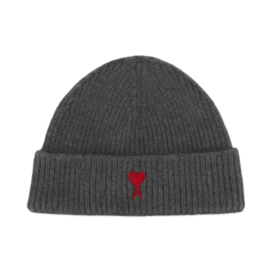 AMI PARIS Ami de Coeur Beanie "Heather Gray/Red"