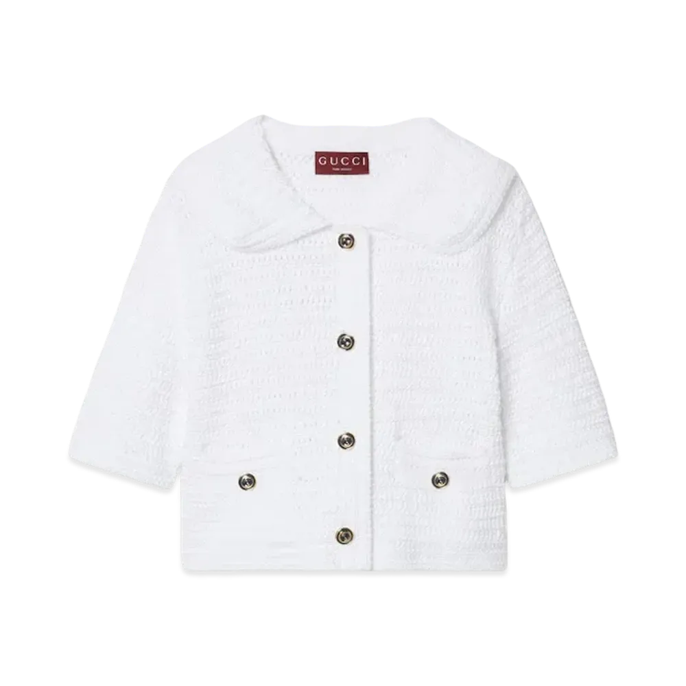 GUCCI Women's Crochet Knit Cotton Button-Up Top "Ivory"
