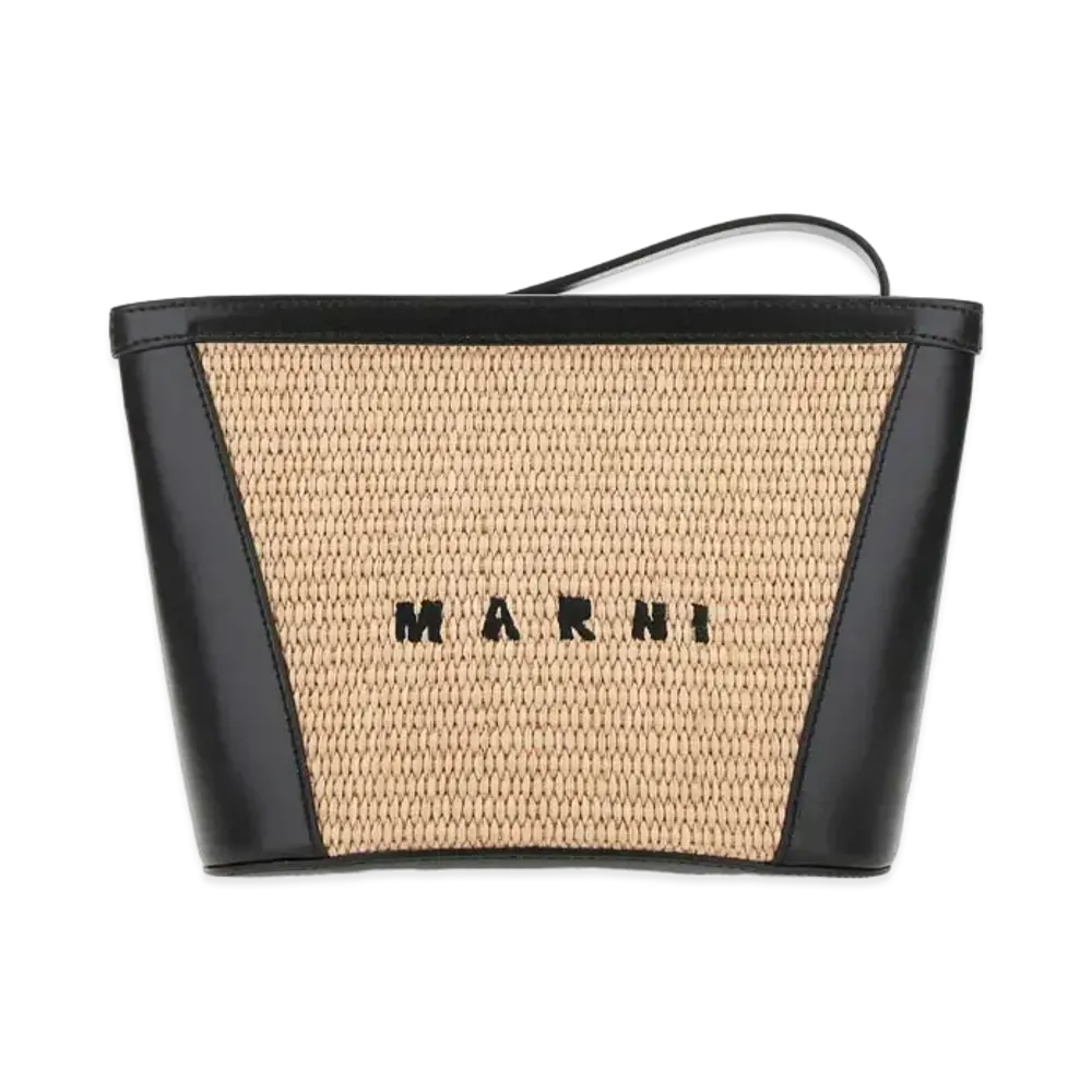 Marni Tropicalia Pouch In Black Leather And Raffia "Sandstorm/Black"