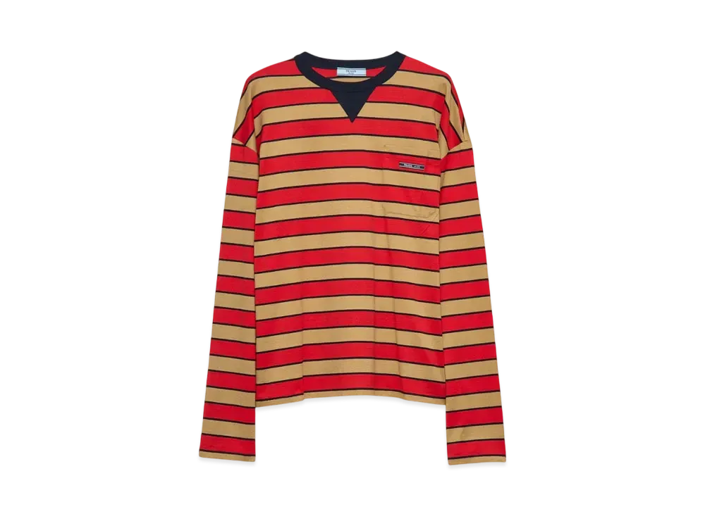 PRADA Women's Long-Sleeved Striped Lisle Cotton T-Shirt "Camel/Red"
