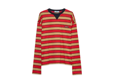 PRADA Women's Long-Sleeved Striped Lisle Cotton T-Shirt "Camel/Red"